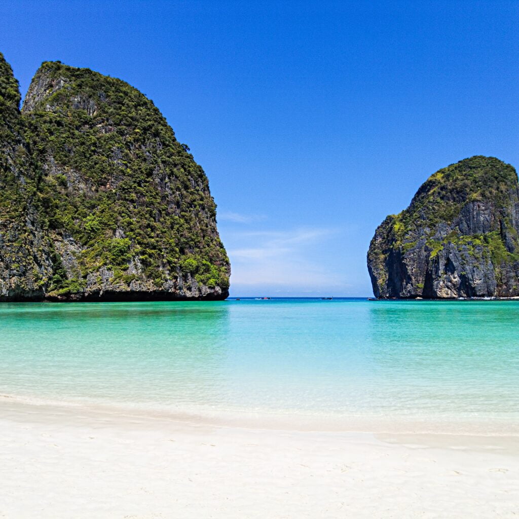 This beach is only accessible by boat, and is known for its dramatic limestone cliffs and beautiful clear water.